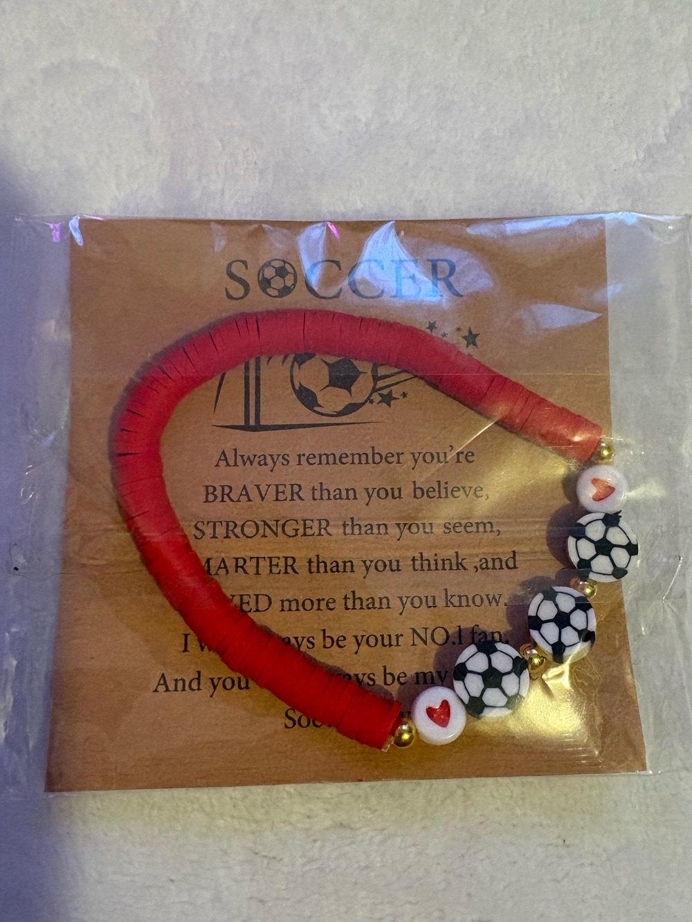 Soccer and Heart Bead Bracelet - Red